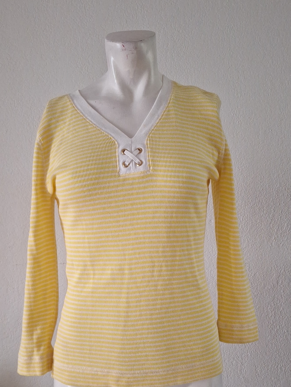 Classic Y2k Ralph Lauren Yellow and White Striped V-Neck Sweater Sz S 100%Cotton
